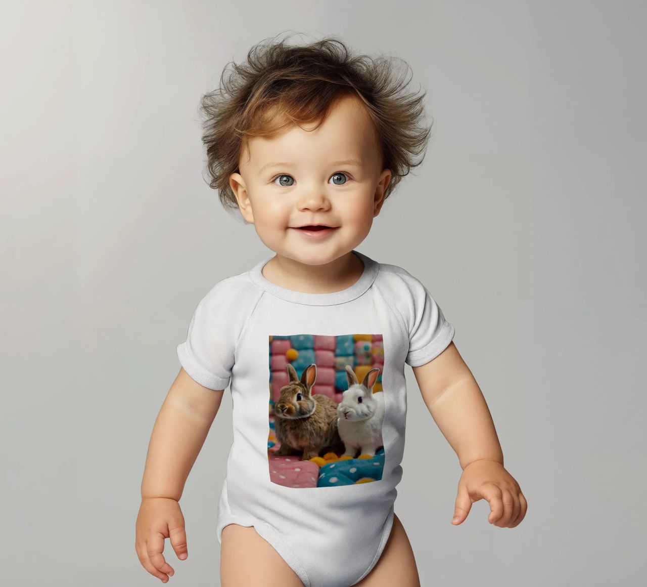Due adorabili conigli seduti su un'accogliente trapunta colorata body neonato maniche corte da DesignDoodle