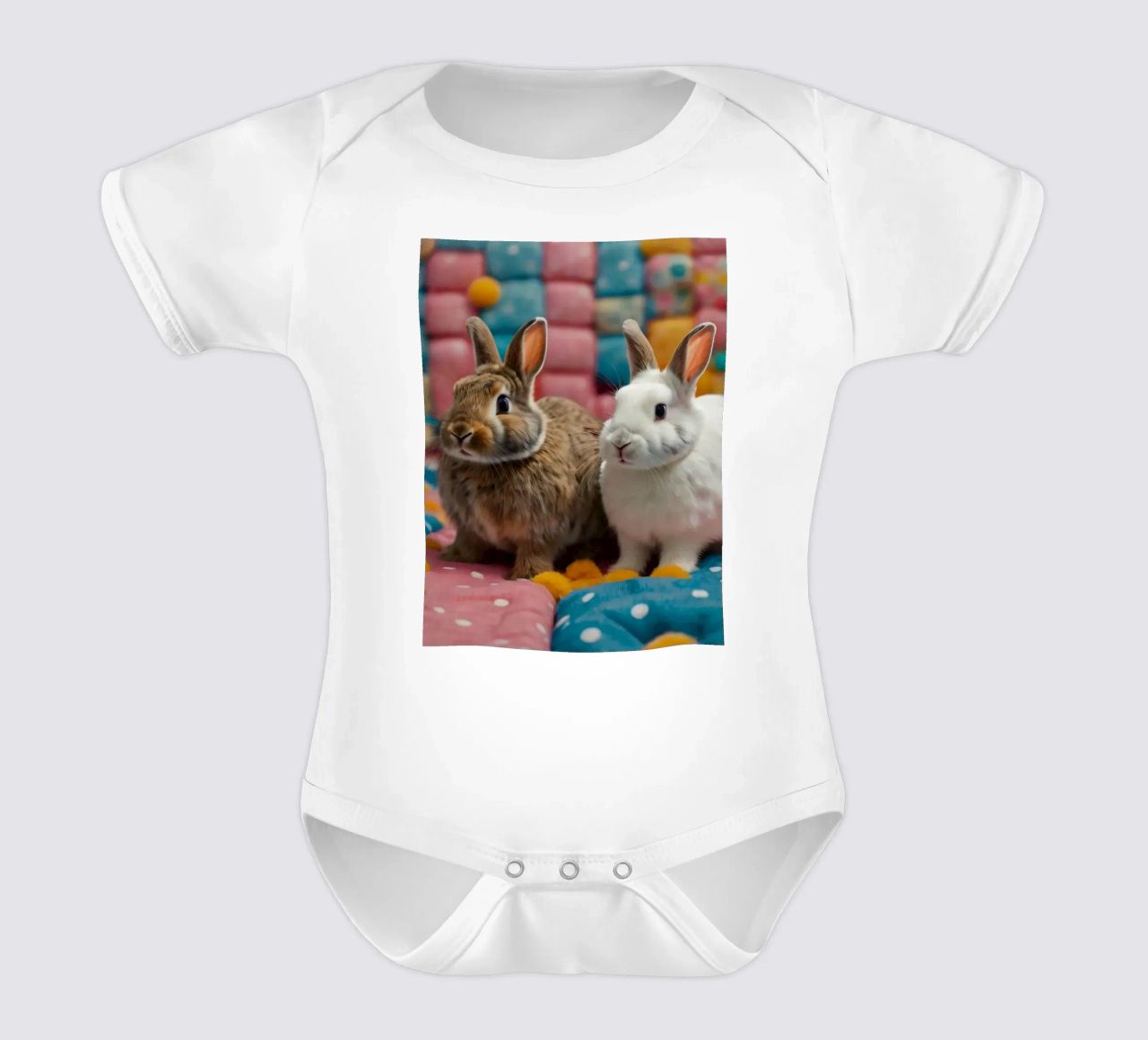 Due adorabili conigli seduti su un'accogliente trapunta colorata body neonato maniche corte da DesignDoodle