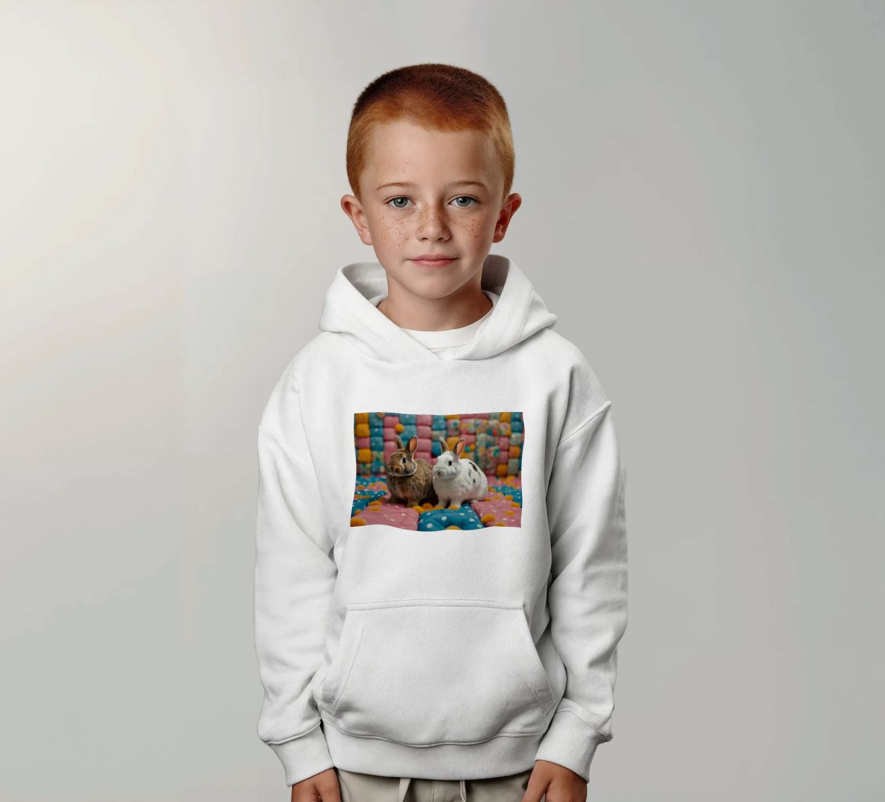 Due adorabili conigli seduti su un'accogliente trapunta colorata felpa bambino con cappuccio da DesignDoodle