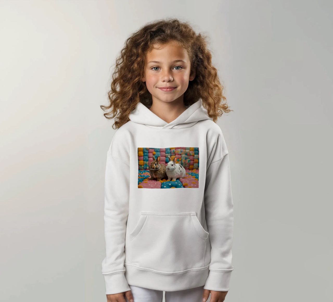 Due adorabili conigli seduti su un'accogliente trapunta colorata felpa bambino con cappuccio da DesignDoodle
