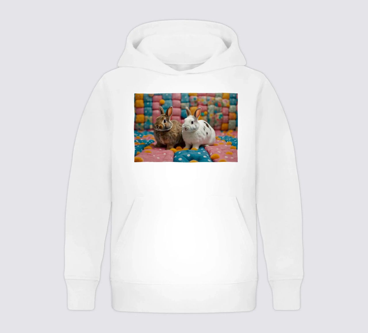Due adorabili conigli seduti su un'accogliente trapunta colorata felpa bambino con cappuccio da DesignDoodle