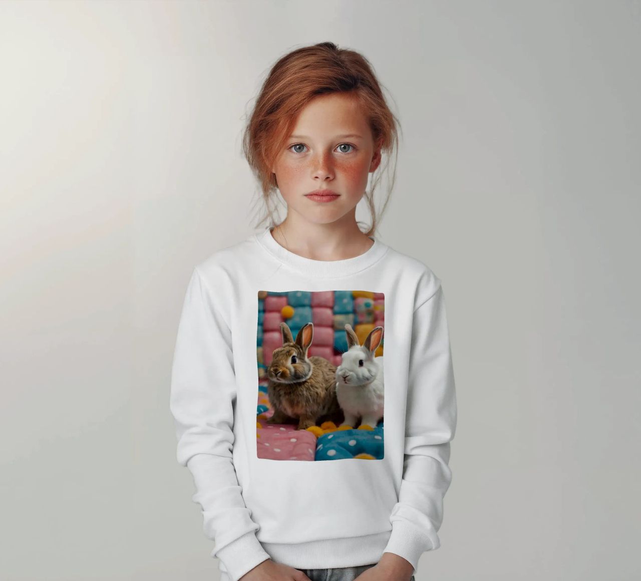 Due adorabili conigli seduti su un'accogliente trapunta colorata felpa bambino da DesignDoodle