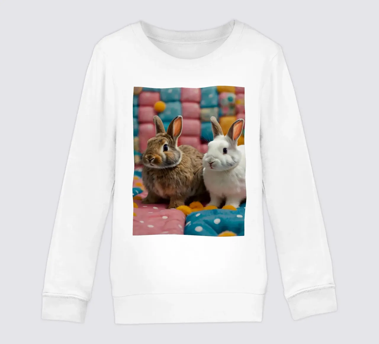 Two adorable rabbits sitting on a colorful quilt cozy kids sweatshirt by DesignDoodle