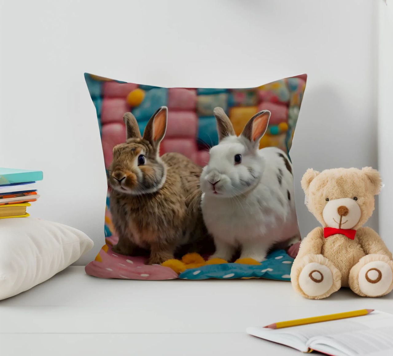 Due adorabili conigli seduti su un'accogliente trapunta colorata cuscino da DesignDoodle