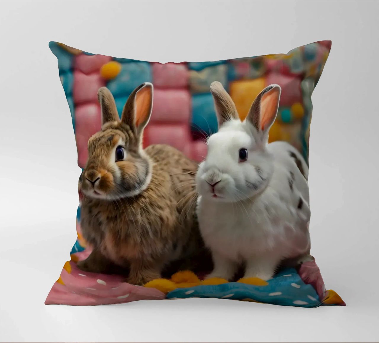 Due adorabili conigli seduti su un'accogliente trapunta colorata cuscino da DesignDoodle