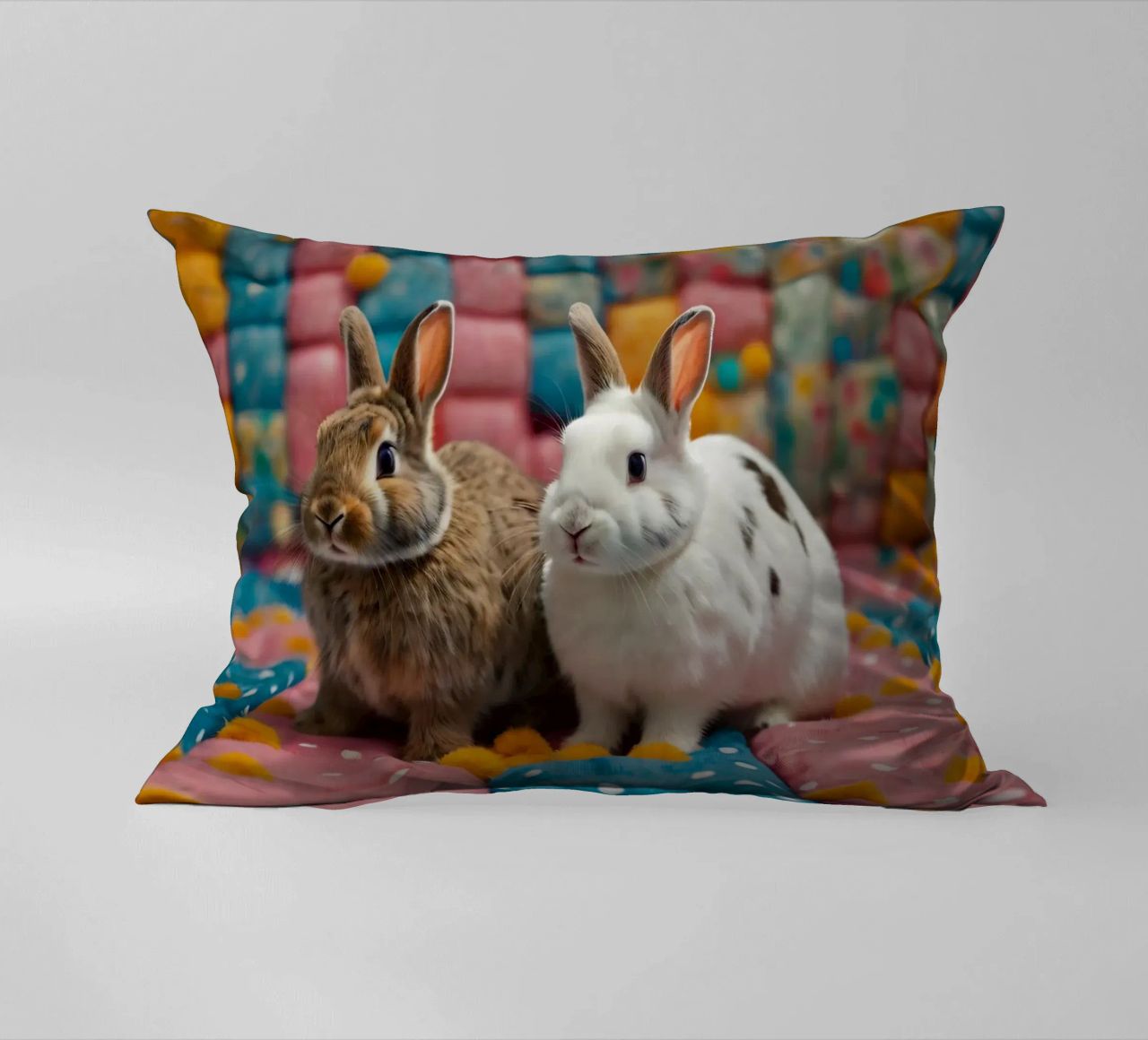 Due adorabili conigli seduti su un'accogliente trapunta colorata cuscino da DesignDoodle