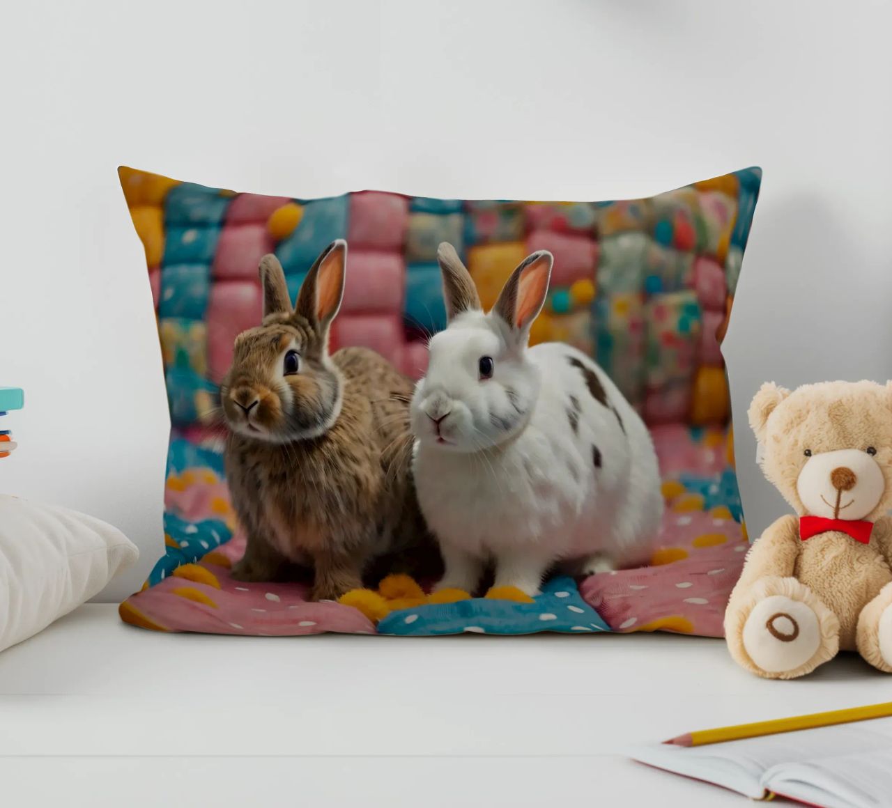 Due adorabili conigli seduti su un'accogliente trapunta colorata cuscino da DesignDoodle