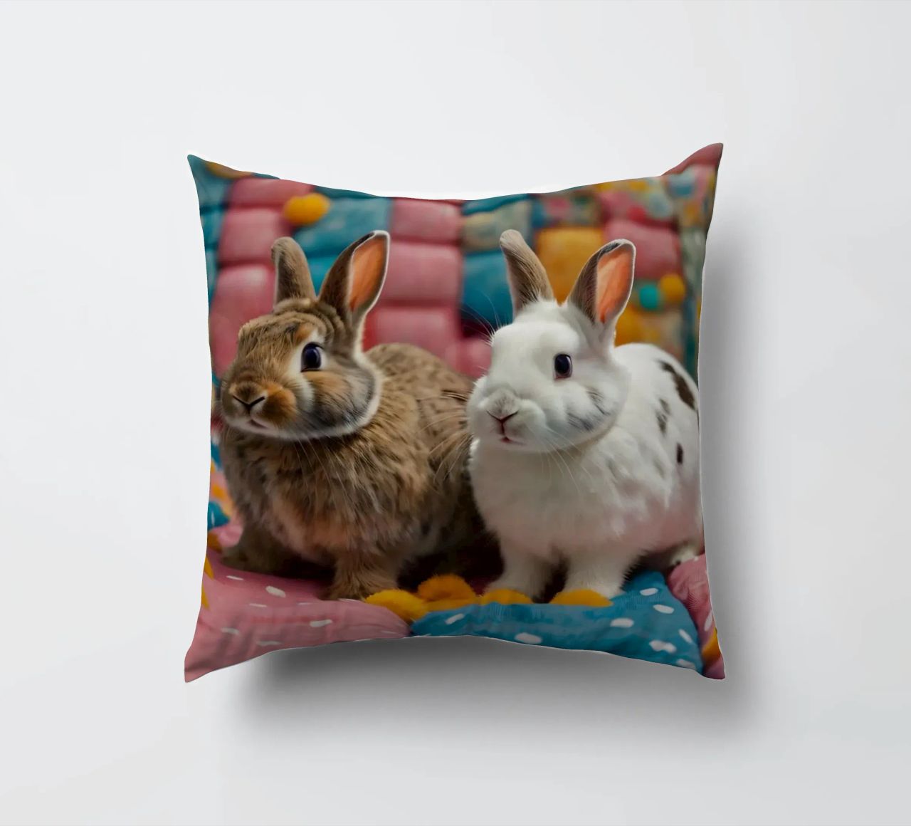 Due adorabili conigli seduti su un'accogliente trapunta colorata cuscino da DesignDoodle