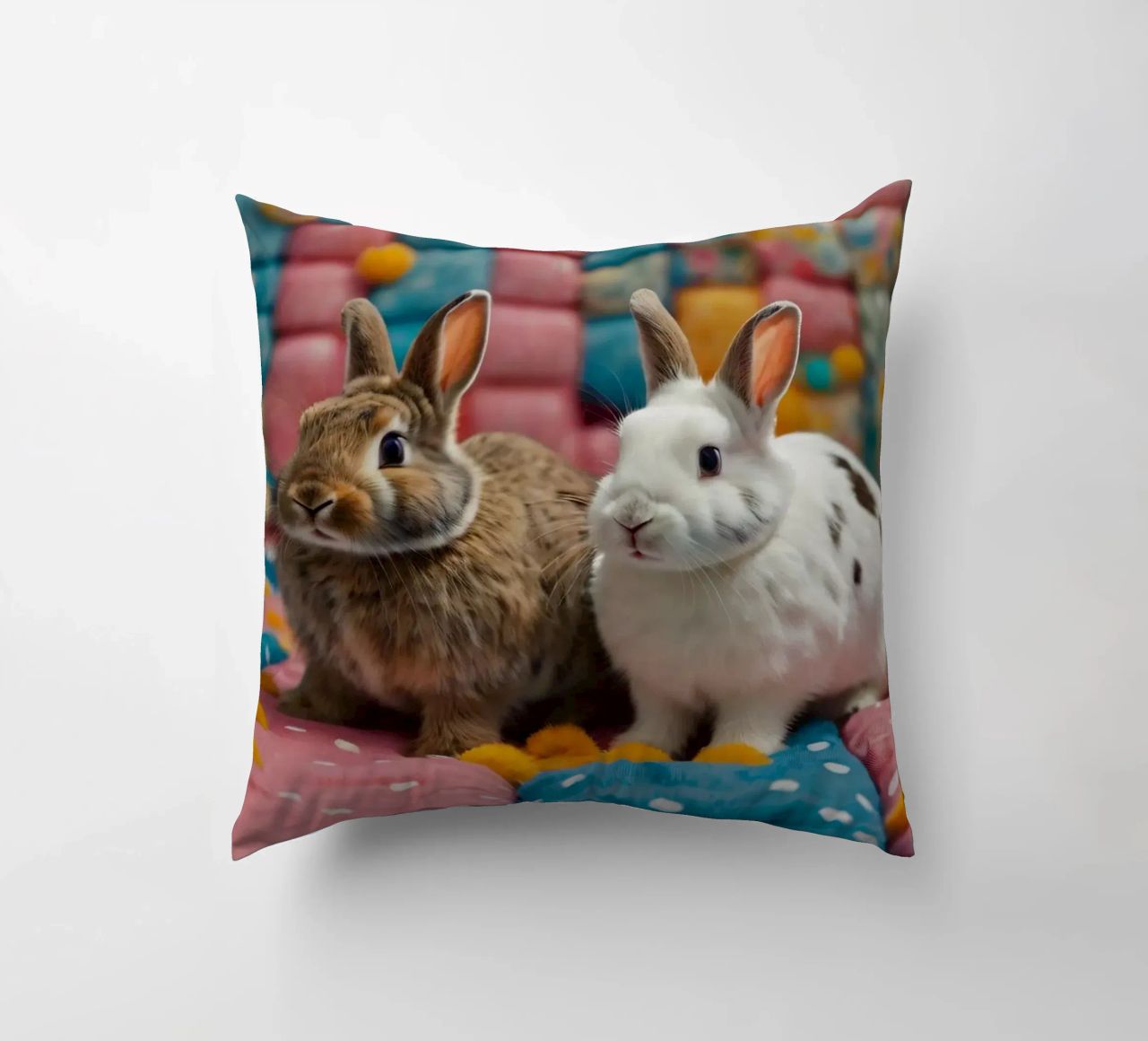 Due adorabili conigli seduti su un'accogliente trapunta colorata cuscino da DesignDoodle