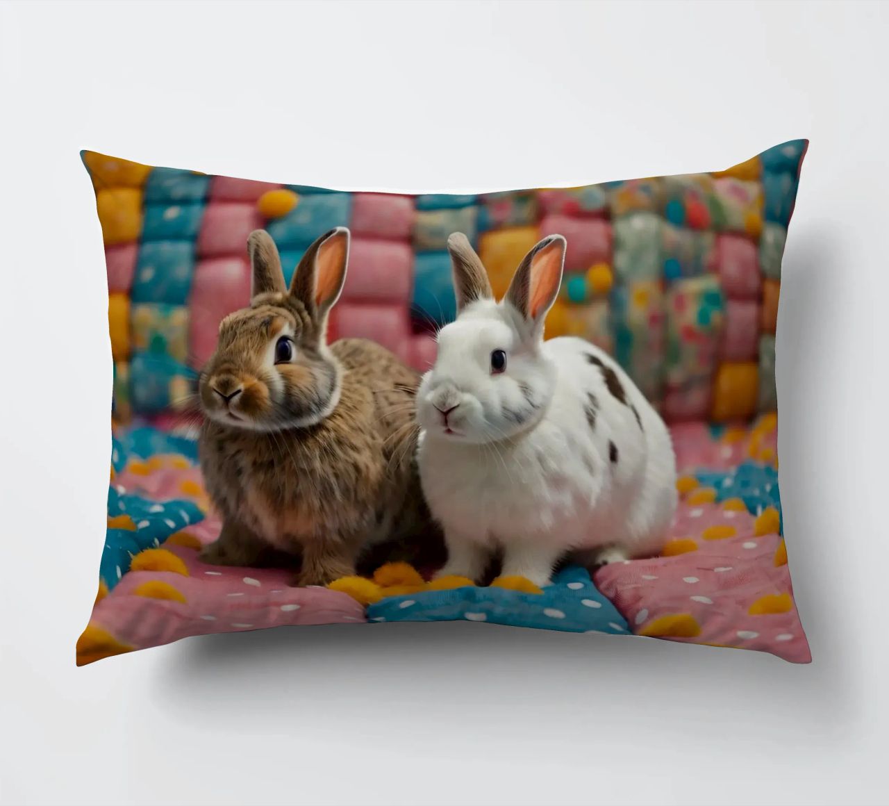 Due adorabili conigli seduti su un'accogliente trapunta colorata cuscino da DesignDoodle