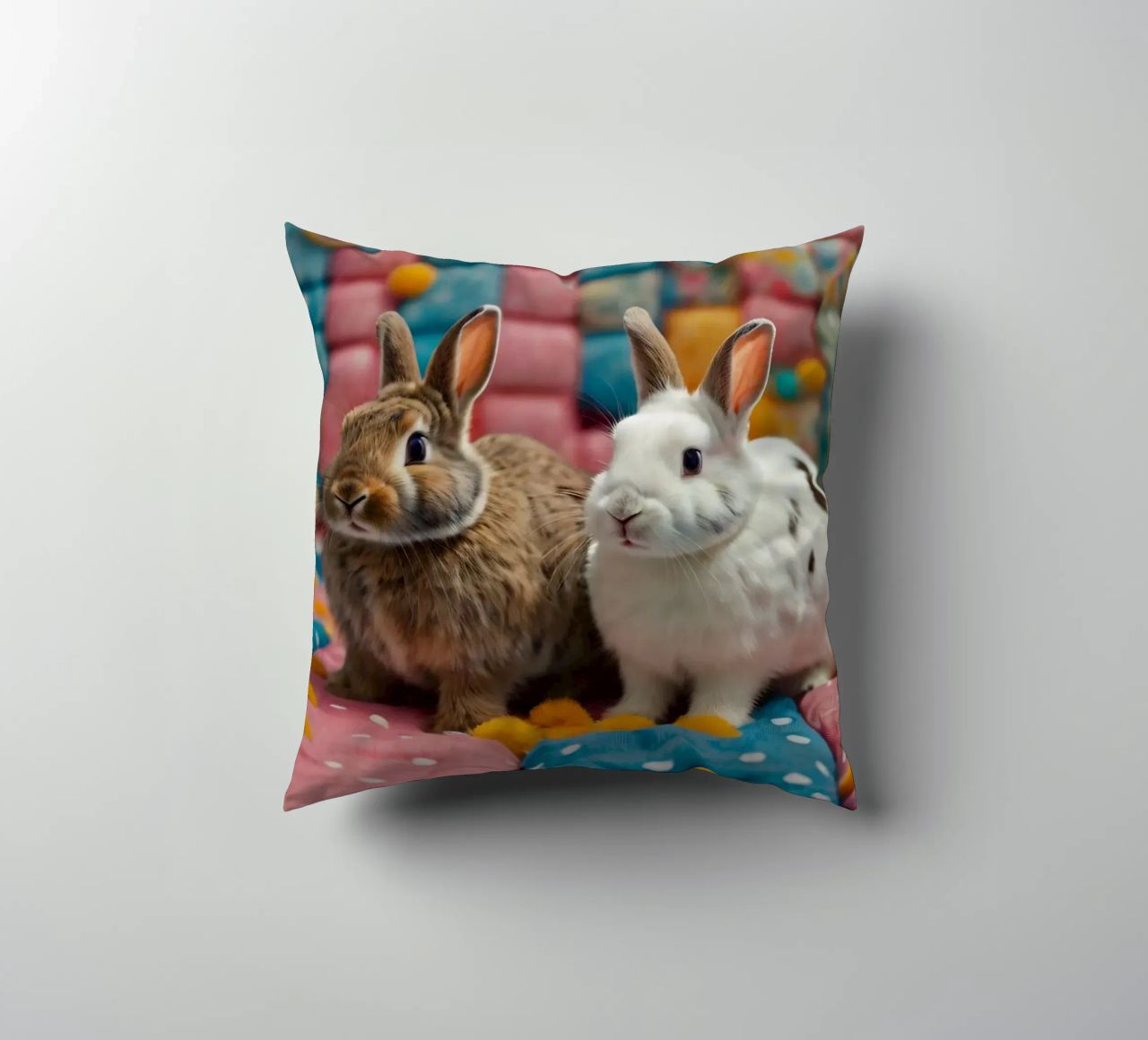 Due adorabili conigli seduti su un'accogliente trapunta colorata cuscino da DesignDoodle