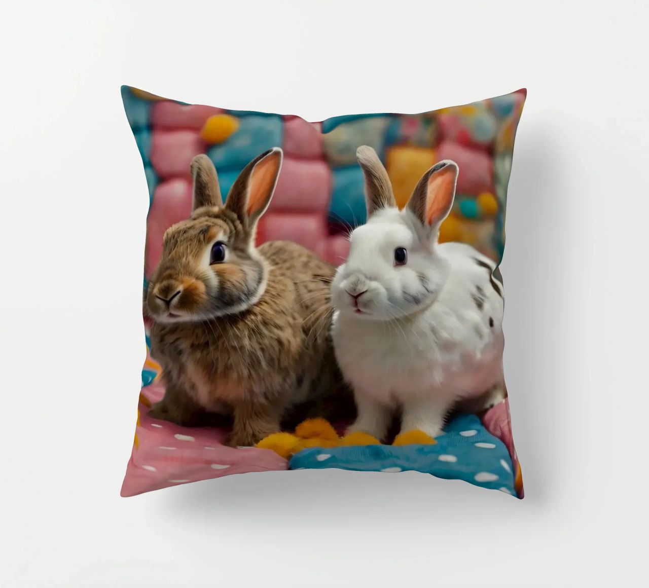 Due adorabili conigli seduti su un'accogliente trapunta colorata cuscino da DesignDoodle
