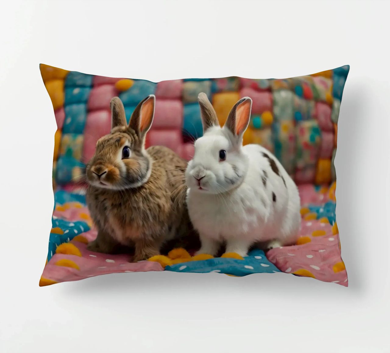 Due adorabili conigli seduti su un'accogliente trapunta colorata cuscino da DesignDoodle