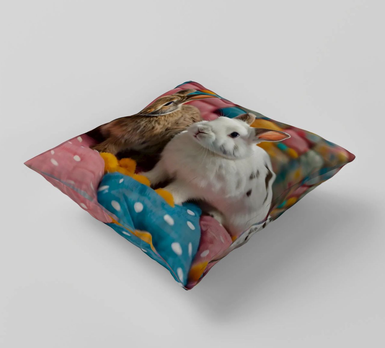 Due adorabili conigli seduti su un'accogliente trapunta colorata cuscino da DesignDoodle