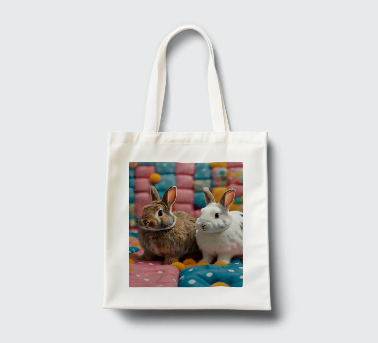 Due adorabili conigli seduti su un'accogliente trapunta colorata borsa in juta da DesignDoodle