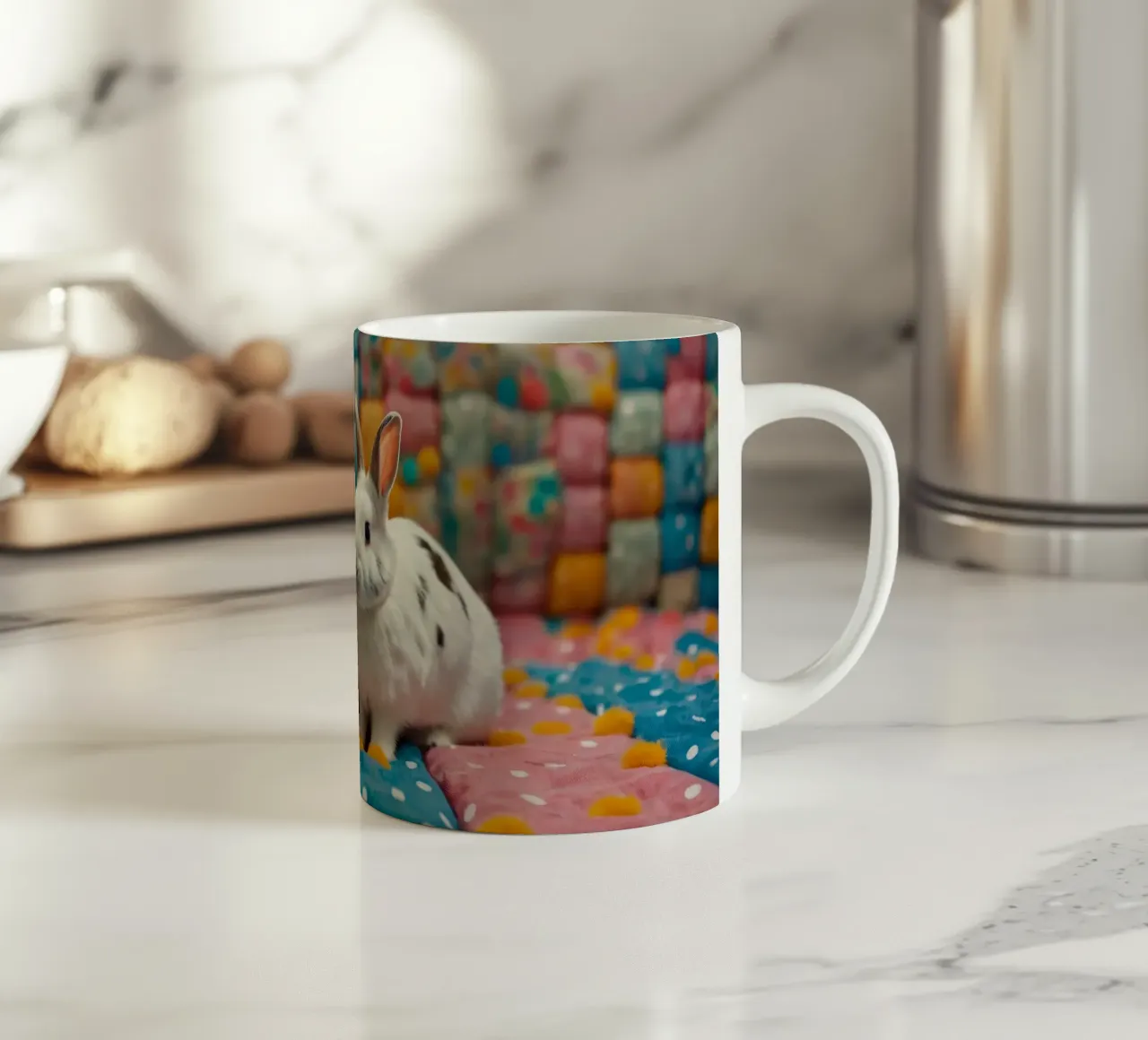 Due adorabili conigli seduti su un'accogliente trapunta colorata tazza in ceramica da DesignDoodle