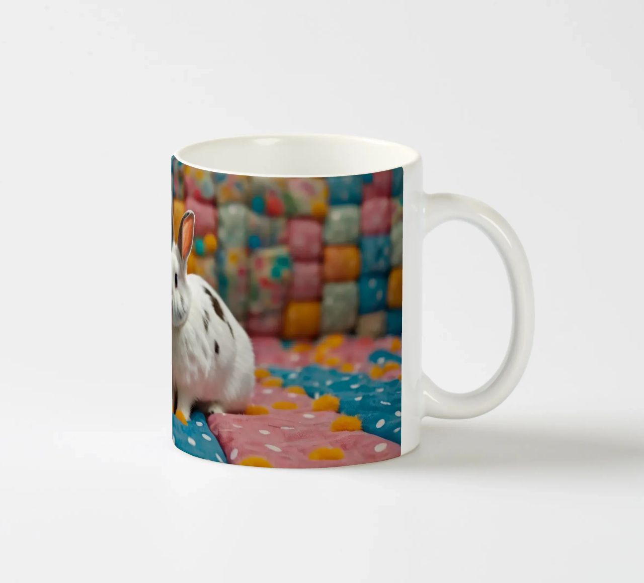 Due adorabili conigli seduti su un'accogliente trapunta colorata tazza in ceramica da DesignDoodle