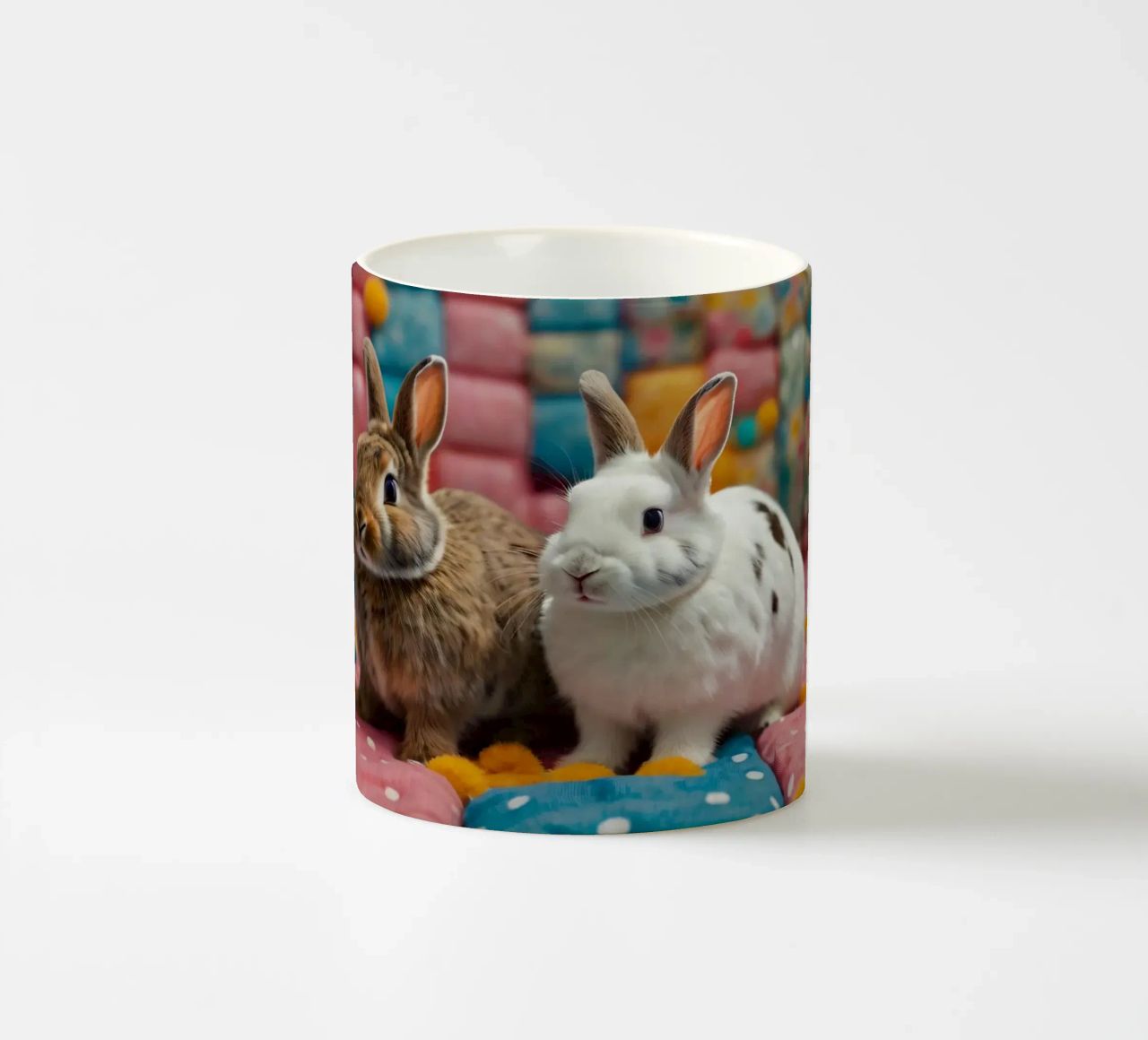 Due adorabili conigli seduti su un'accogliente trapunta colorata tazza in ceramica da DesignDoodle