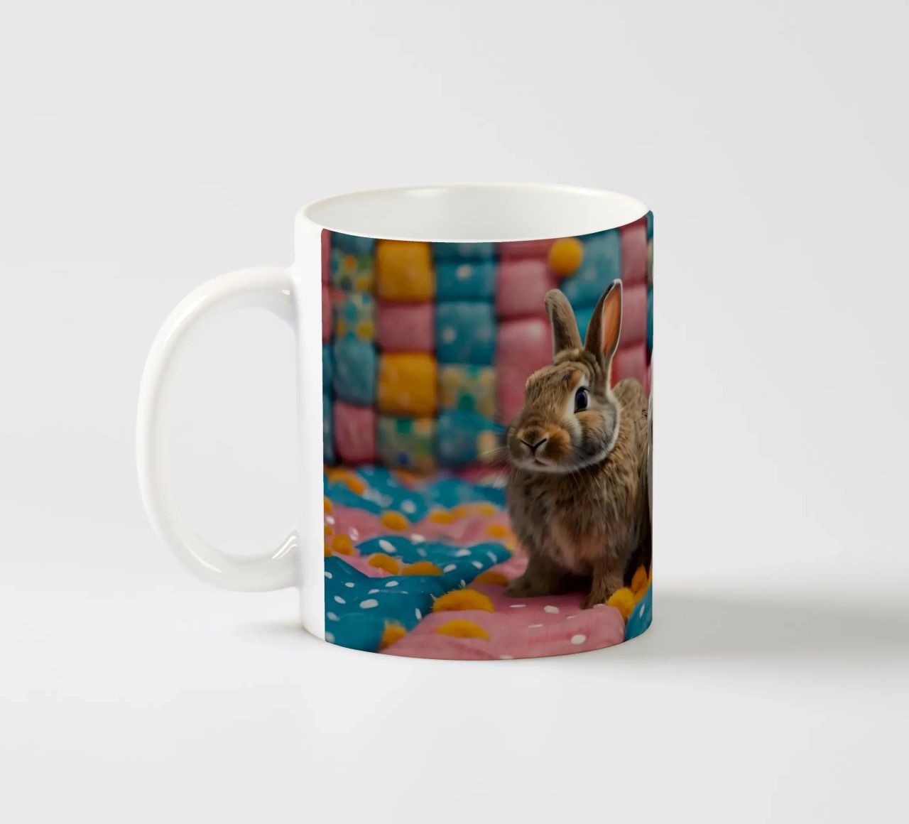 Due adorabili conigli seduti su un'accogliente trapunta colorata tazza in ceramica da DesignDoodle