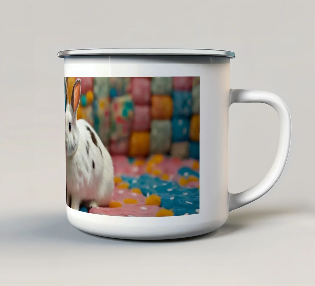 Due adorabili conigli seduti su un'accogliente trapunta colorata tazza in smalto da DesignDoodle