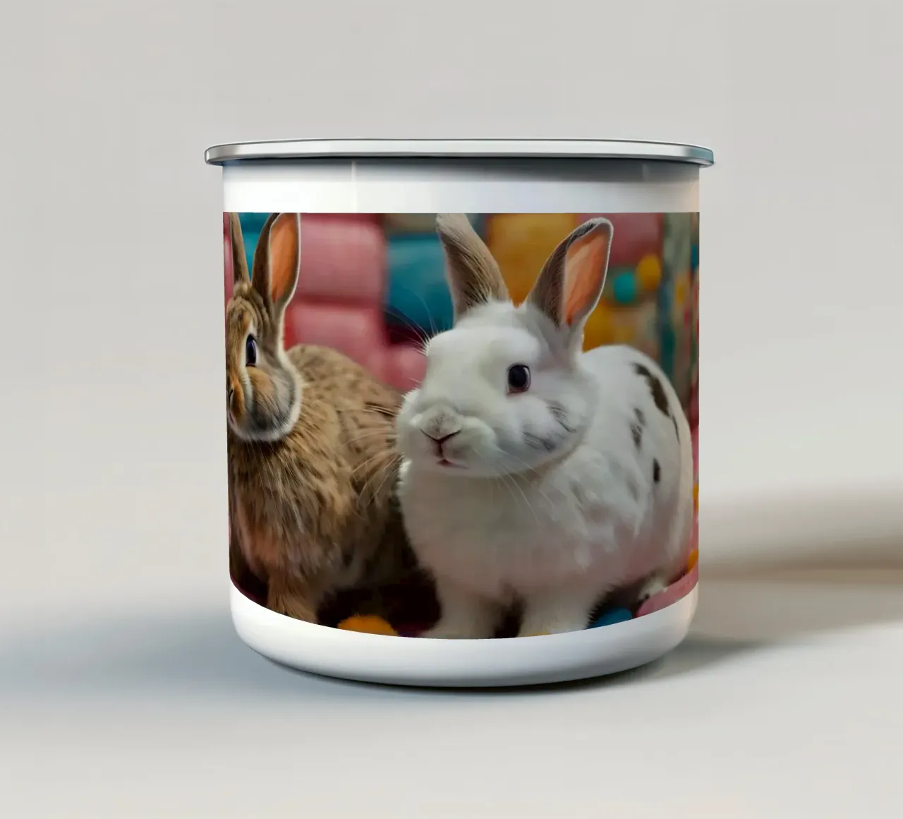 Due adorabili conigli seduti su un'accogliente trapunta colorata tazza in smalto da DesignDoodle