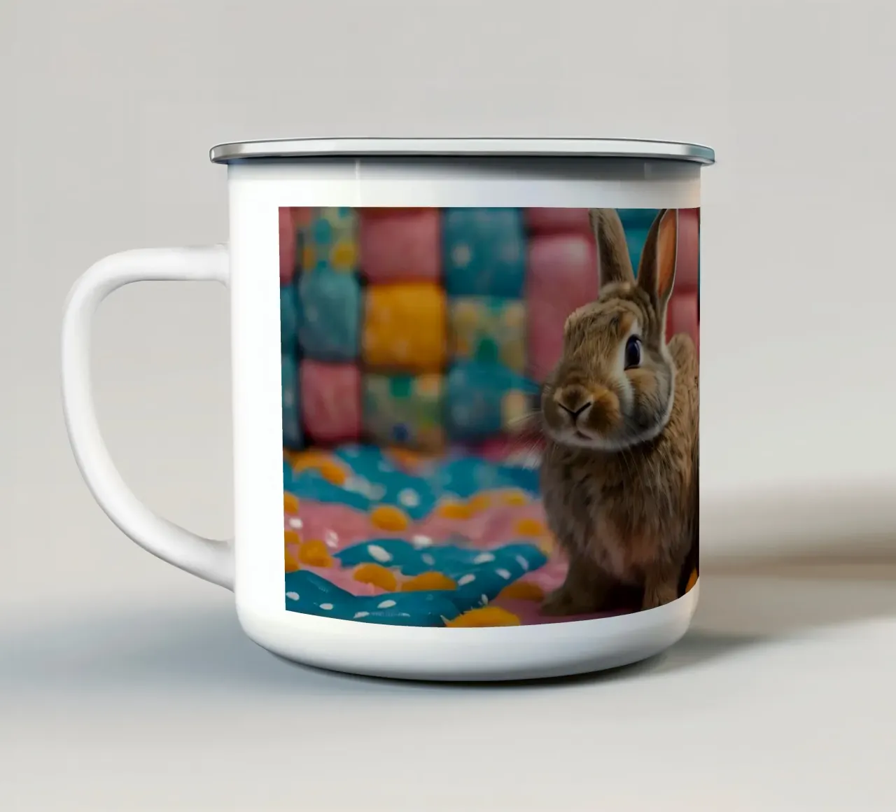Due adorabili conigli seduti su un'accogliente trapunta colorata tazza in smalto da DesignDoodle
