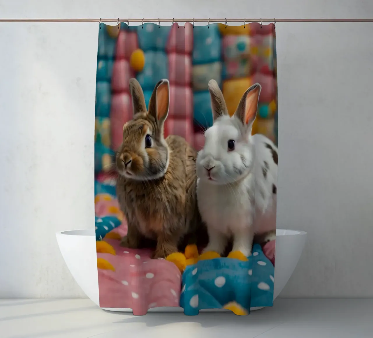 Two adorable rabbits sitting on a colorful quilt cozy shower curtain by DesignDoodle