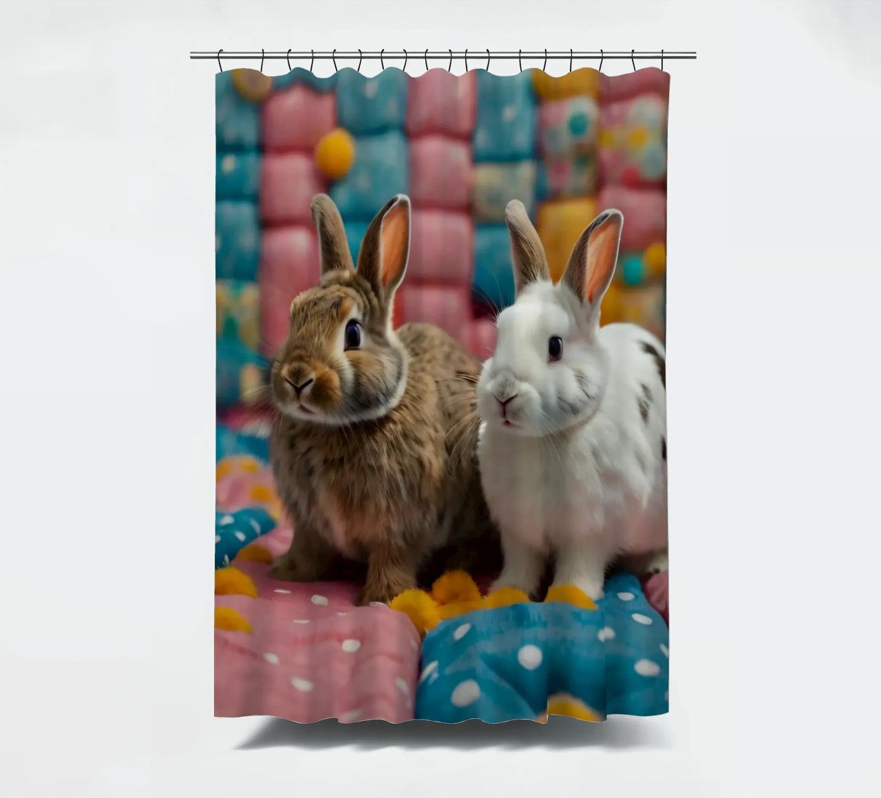 Due adorabili conigli seduti su un'accogliente trapunta colorata tenda da doccia da DesignDoodle