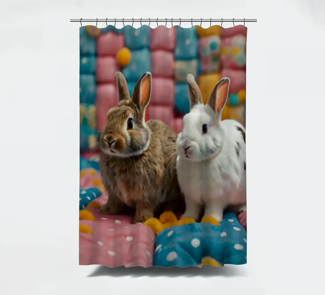 Two adorable rabbits sitting on a colorful quilt cozy shower curtain by DesignDoodle