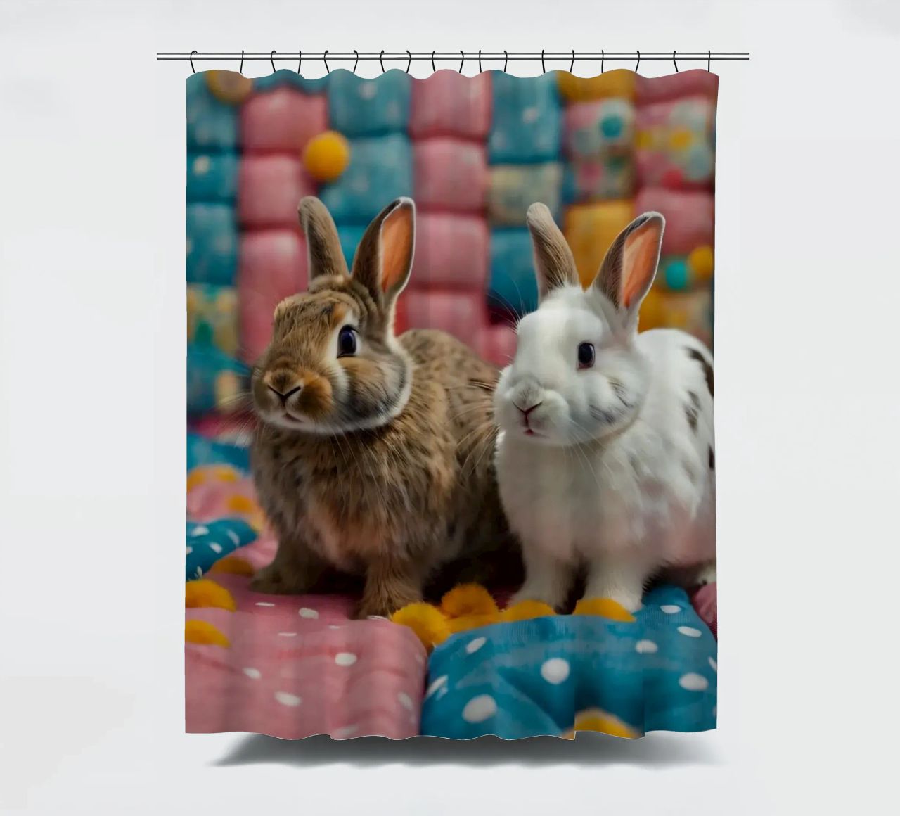 Due adorabili conigli seduti su un'accogliente trapunta colorata tenda da doccia da DesignDoodle