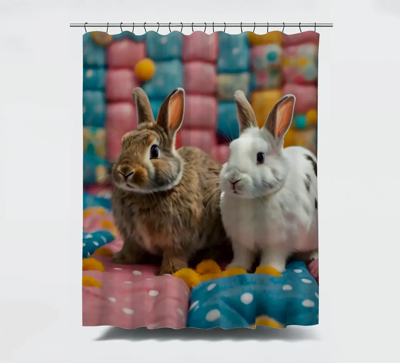 Two adorable rabbits sitting on a colorful quilt cozy shower curtain by DesignDoodle