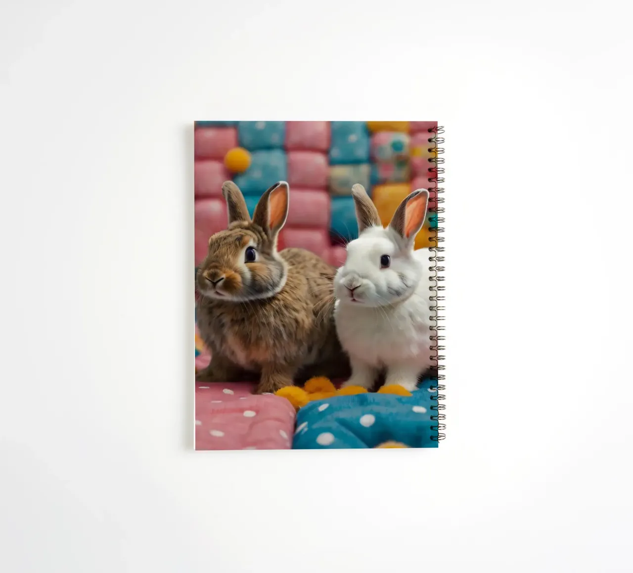 Deux adorables lapins assis sur un édredon coloré. carnet à spirale de DesignDoodle