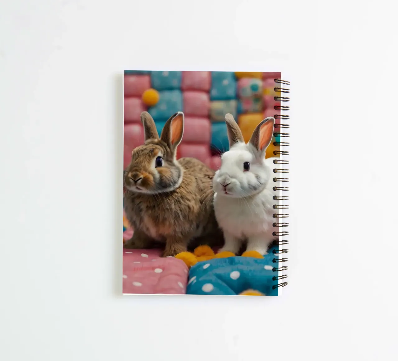 Deux adorables lapins assis sur un édredon coloré. carnet à spirale de DesignDoodle
