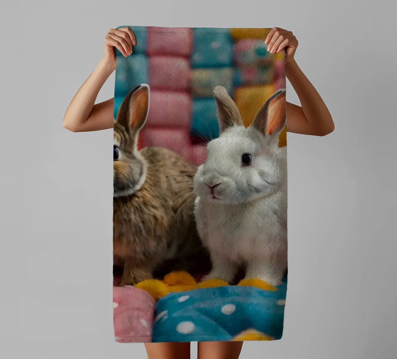 Deux adorables lapins assis sur un édredon coloré. serviette de bain de DesignDoodle