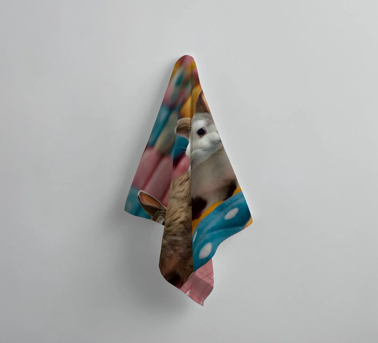 Due adorabili conigli seduti su un'accogliente trapunta colorata asciugamano da bagno da DesignDoodle