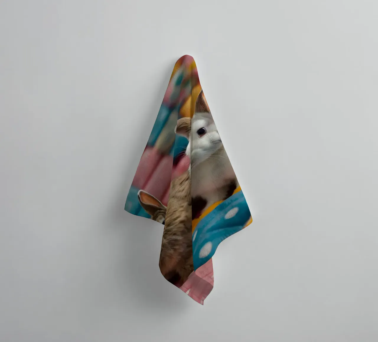Deux adorables lapins assis sur un édredon coloré. serviette de bain de DesignDoodle
