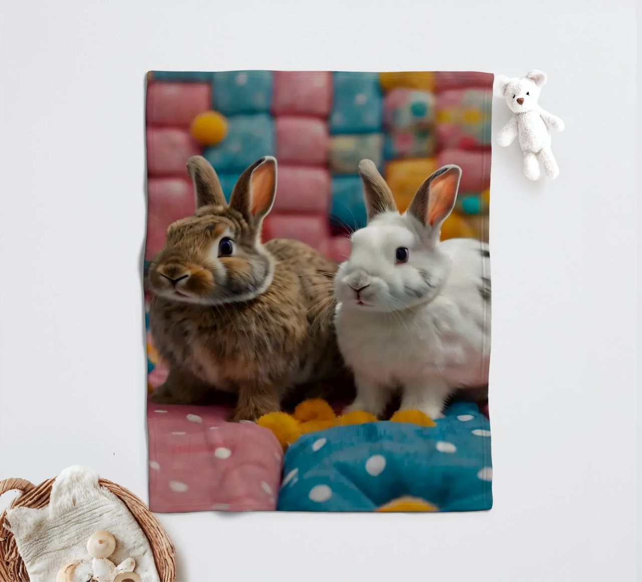 Due adorabili conigli seduti su un'accogliente trapunta colorata coperta in pile da DesignDoodle