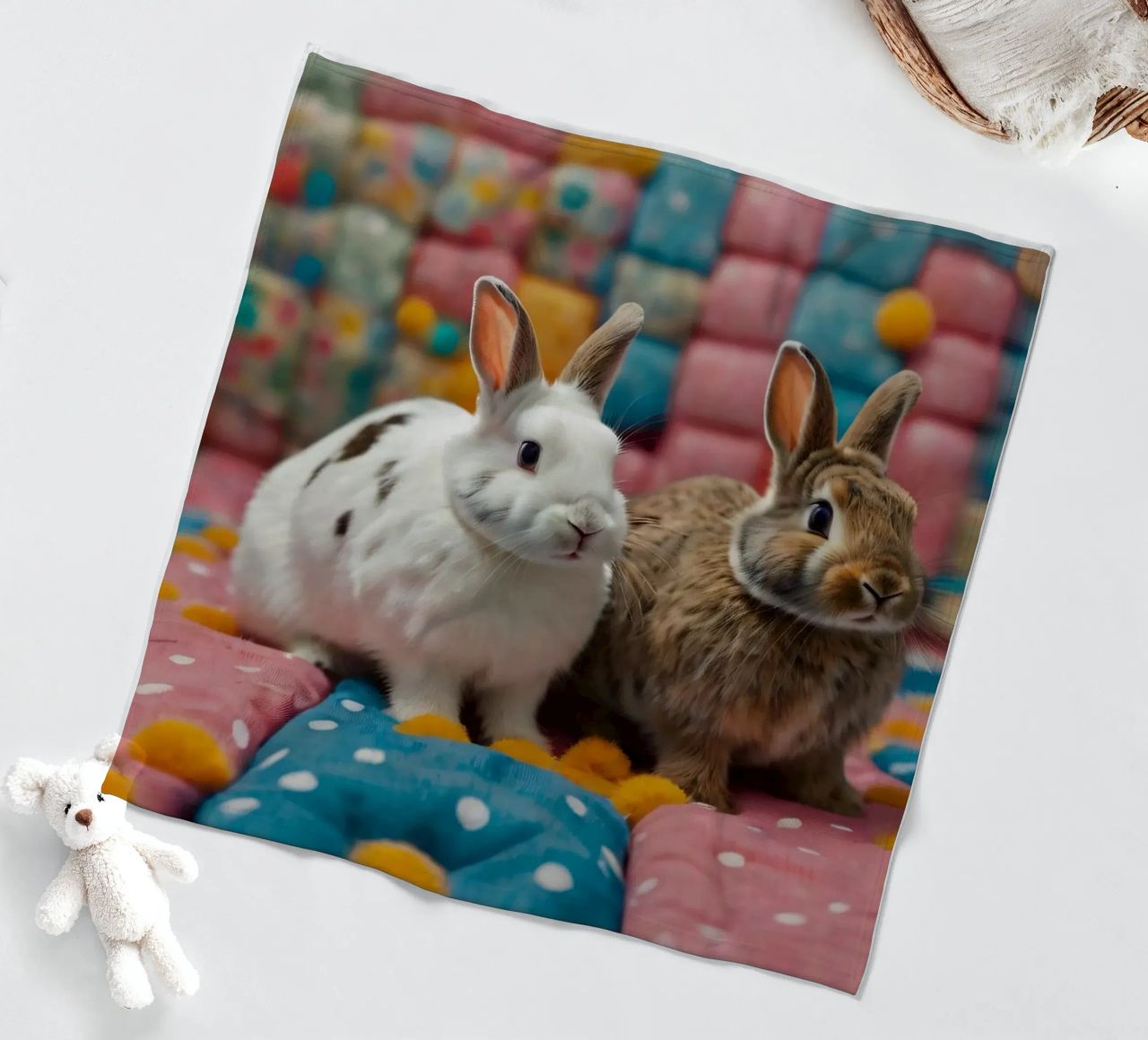 Due adorabili conigli seduti su un'accogliente trapunta colorata coperta in pile da DesignDoodle