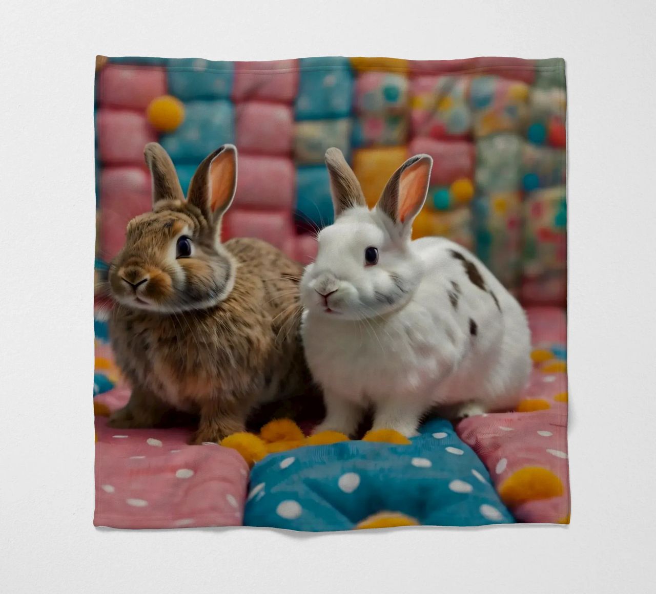 Due adorabili conigli seduti su un'accogliente trapunta colorata coperta in pile da DesignDoodle
