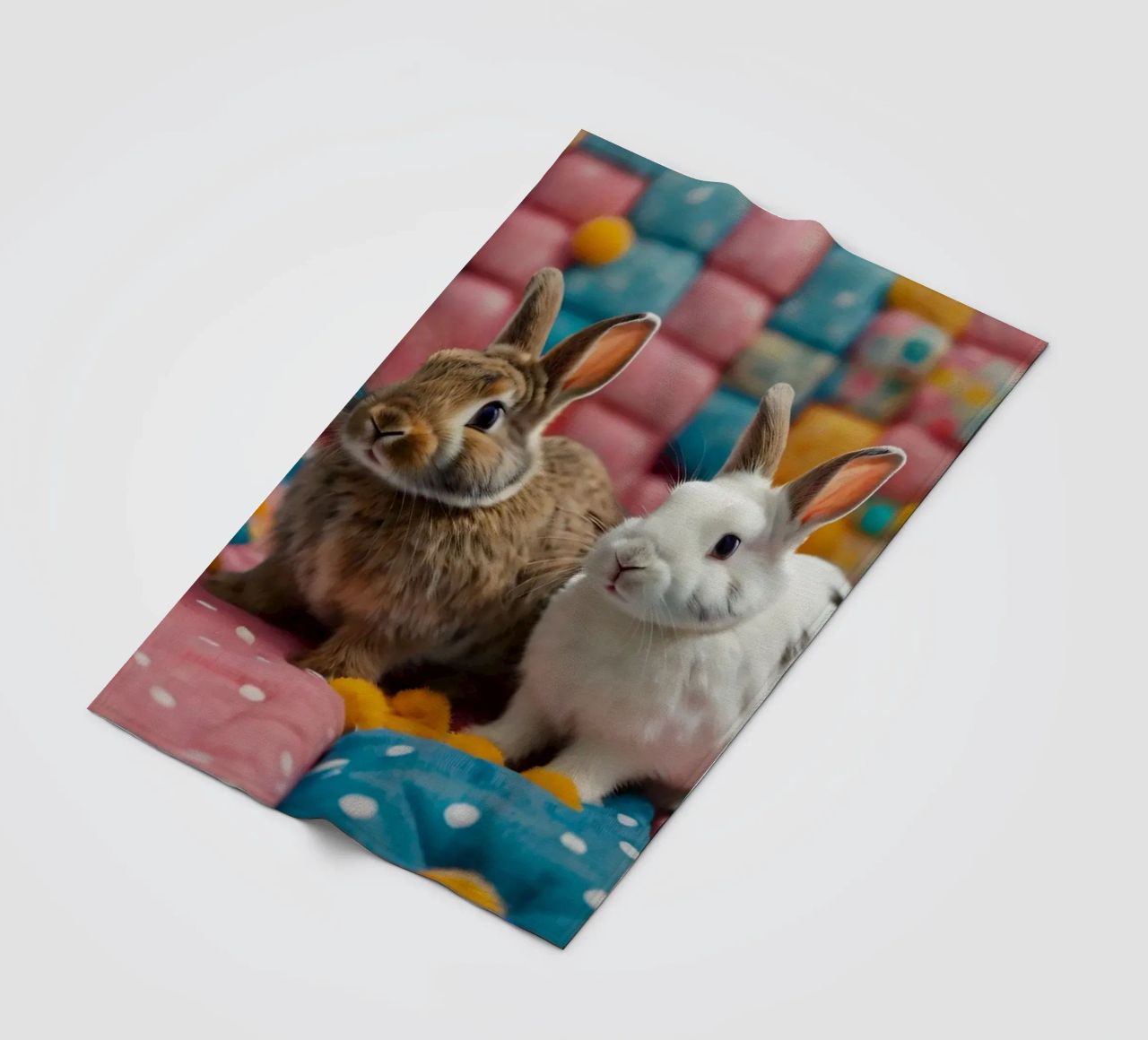 Due adorabili conigli seduti su un'accogliente trapunta colorata coperta in pile da DesignDoodle