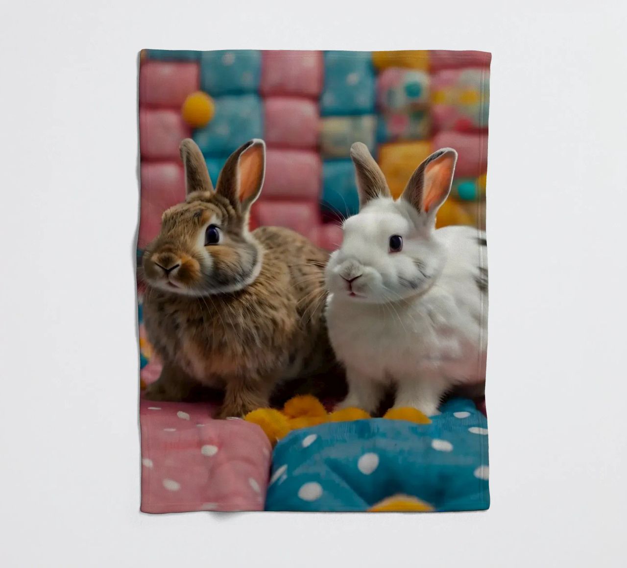 Due adorabili conigli seduti su un'accogliente trapunta colorata coperta in pile da DesignDoodle