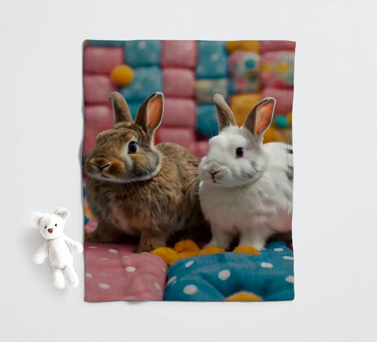 Due adorabili conigli seduti su un'accogliente trapunta colorata coperta in pile da DesignDoodle
