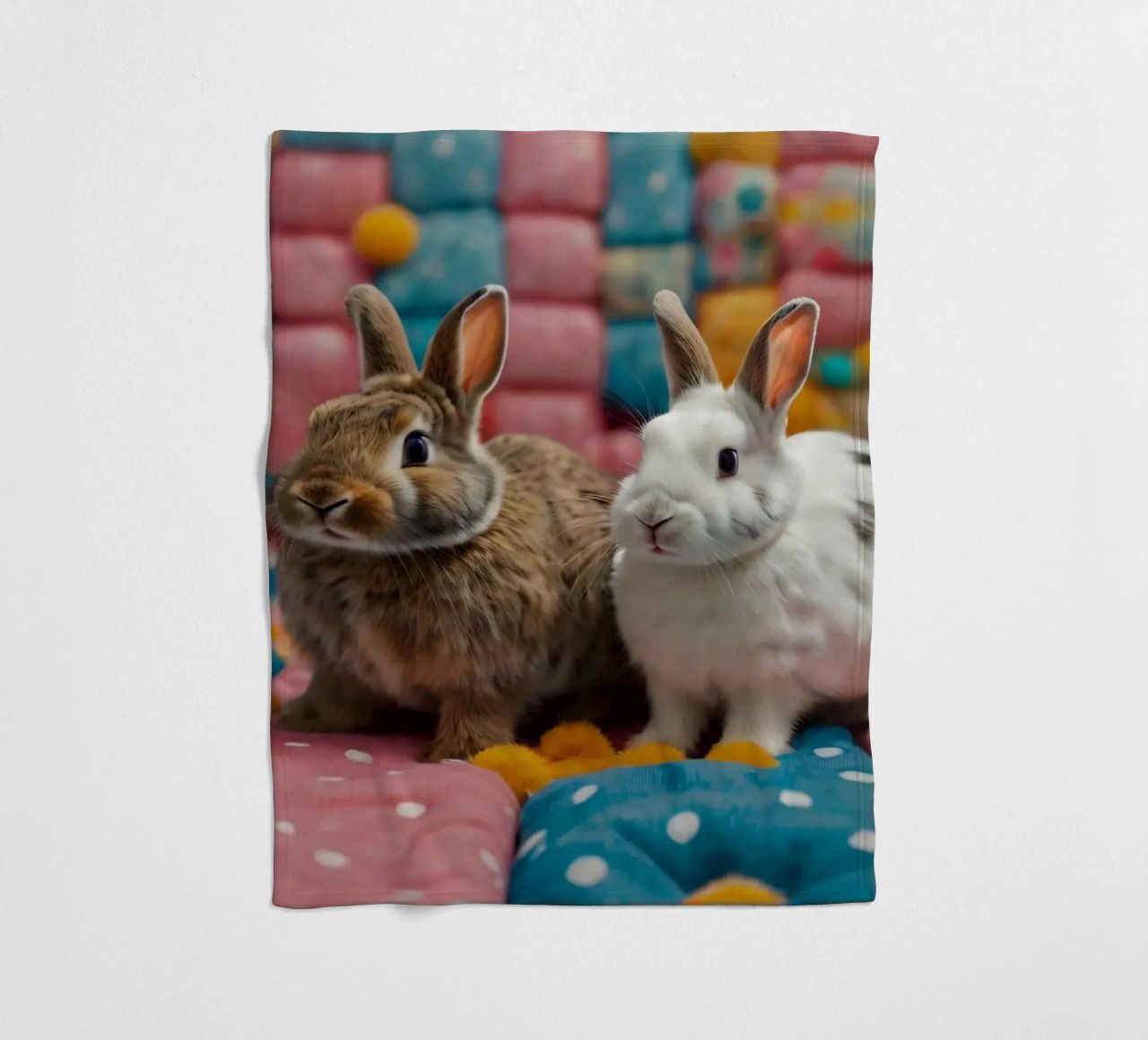 Due adorabili conigli seduti su un'accogliente trapunta colorata coperta in pile da DesignDoodle