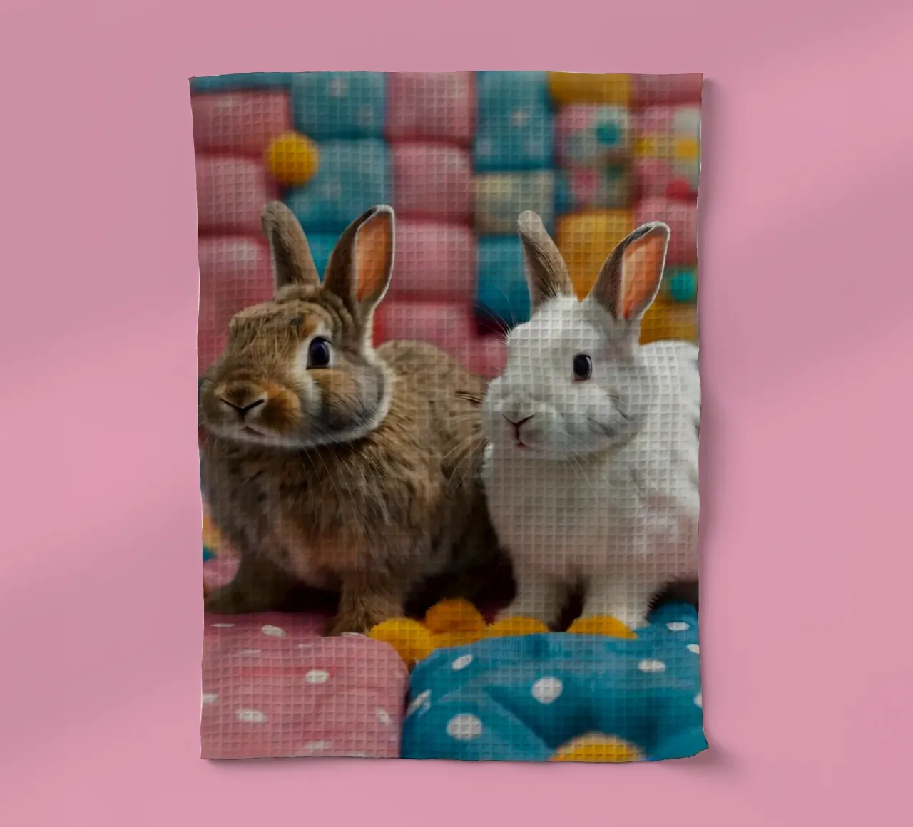 Deux adorables lapins assis sur un édredon coloré. torchon de DesignDoodle