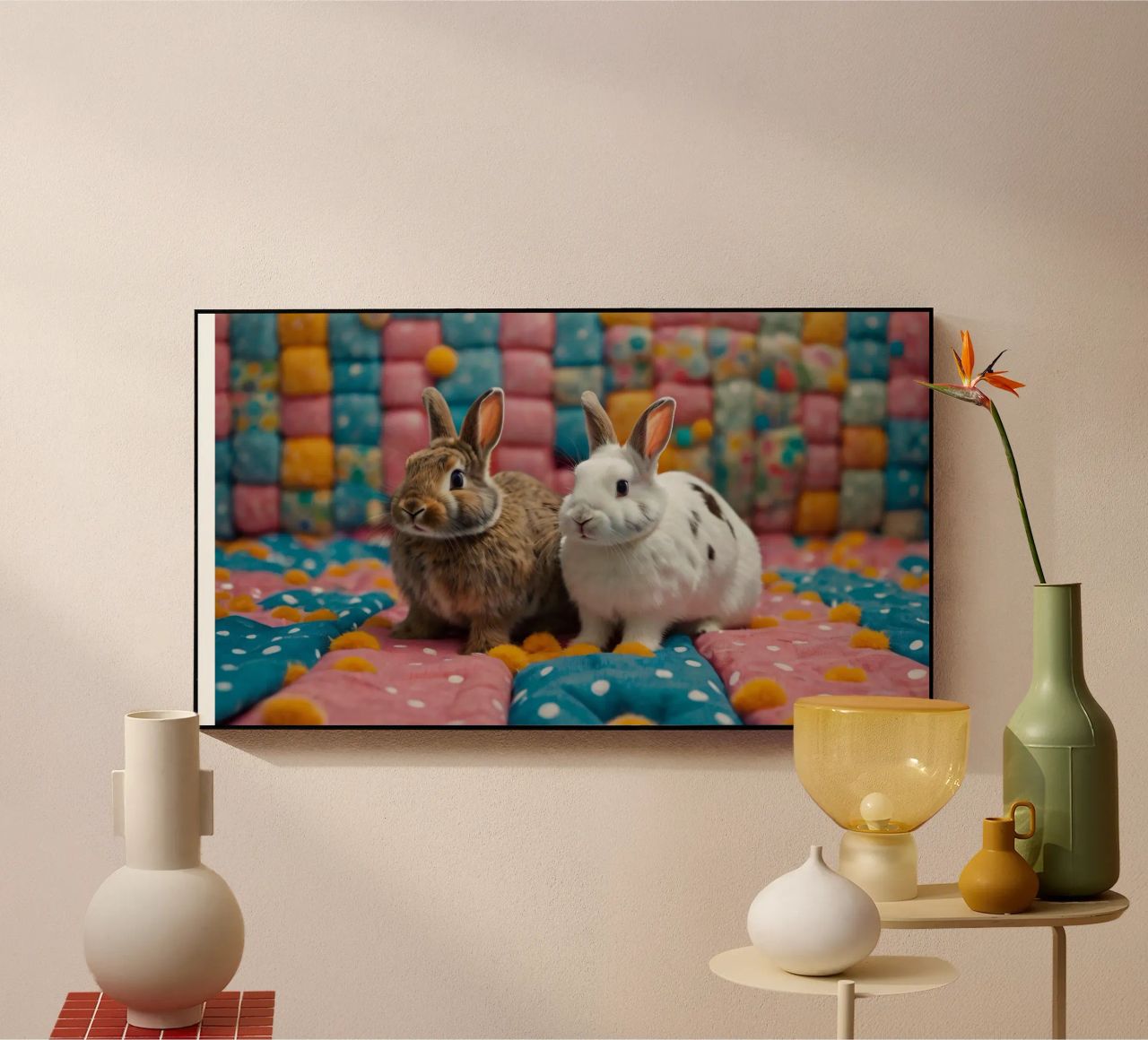 Due adorabili conigli seduti su un'accogliente trapunta colorata plexiglass da DesignDoodle