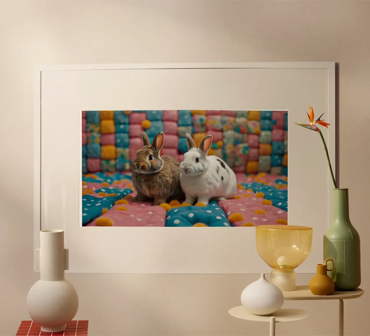 Deux adorables lapins assis sur un édredon coloré. hahnemühle de DesignDoodle