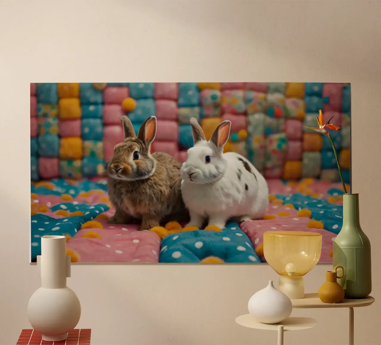 Deux adorables lapins assis sur un édredon coloré. hahnemühle de DesignDoodle