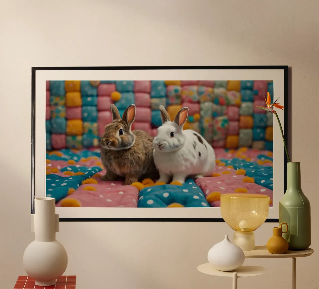Deux adorables lapins assis sur un édredon coloré. hahnemühle de DesignDoodle