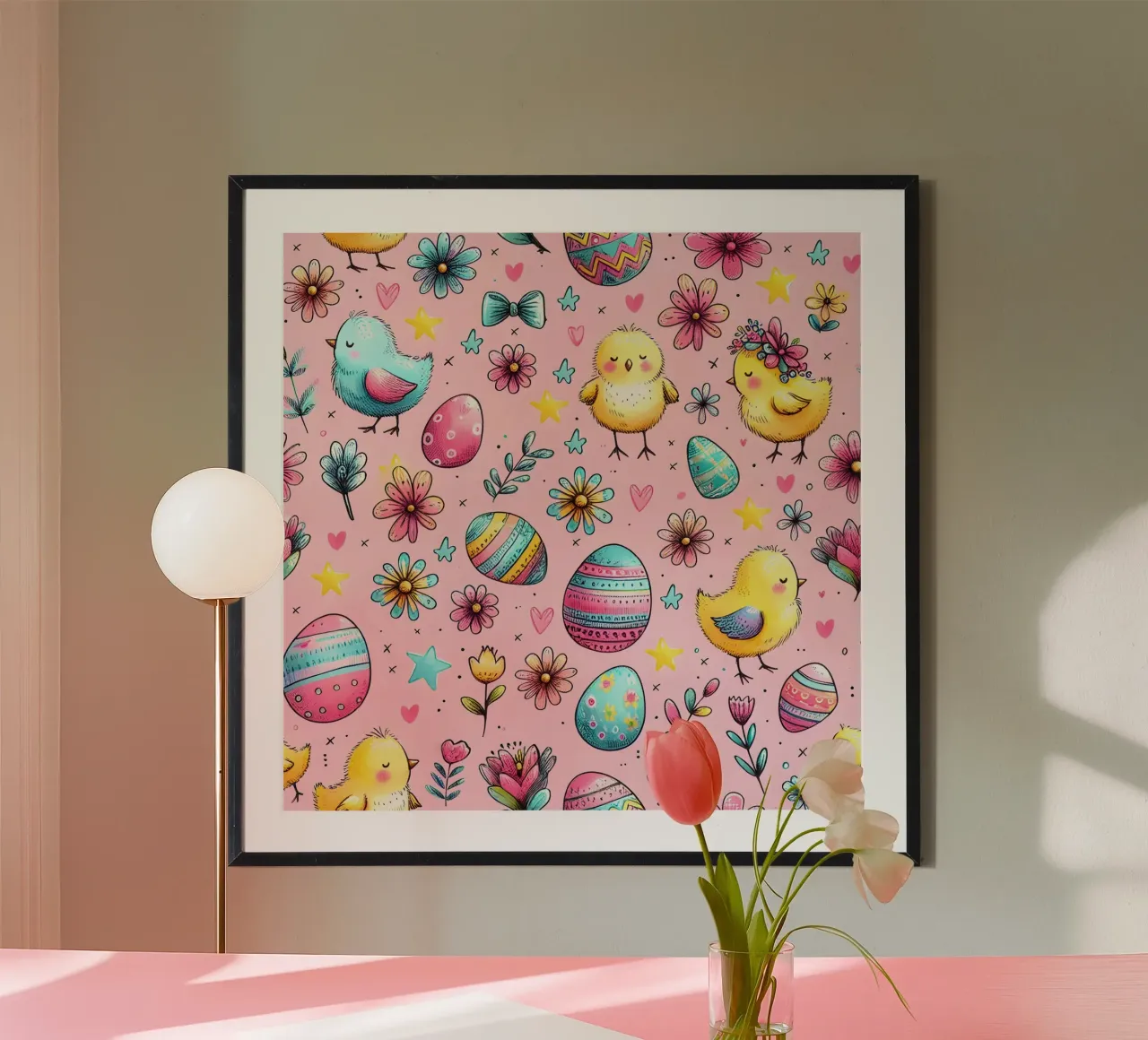 Scarabocchi di pulcini di Pasqua poster con telaio in legno da Happy Littles