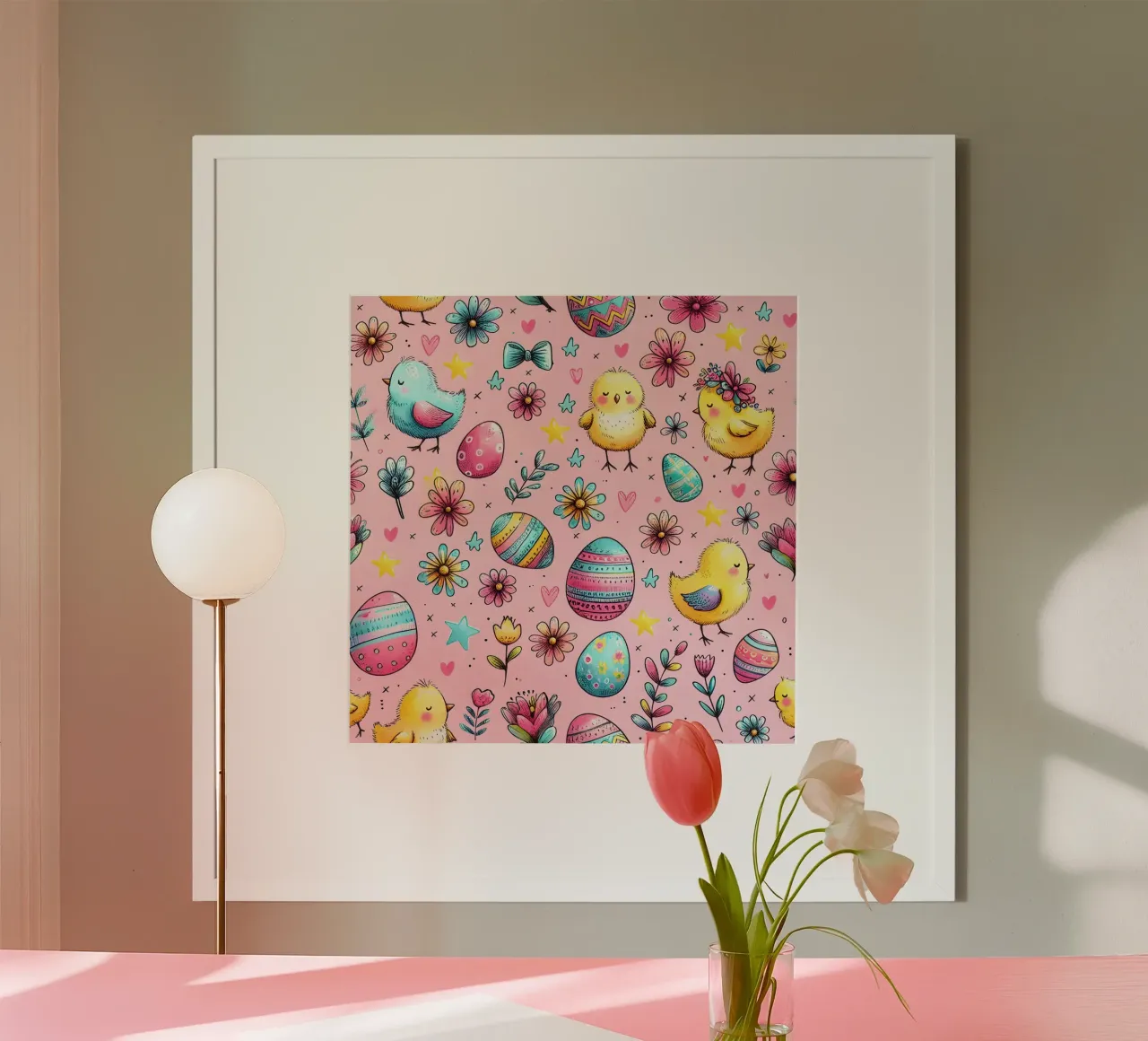 Scarabocchi di pulcini di Pasqua poster con telaio in legno da Happy Littles